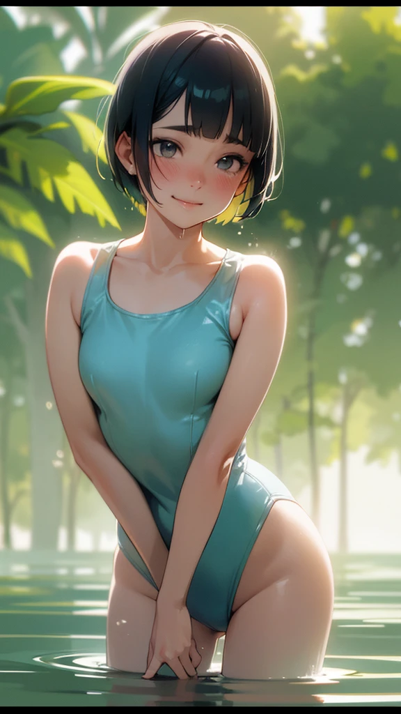 (Smilax f1.4 50mm , Low latitude old color negative film , Cross-process , Bokeh, Flare, chromatic aberration , Soft Focus, (Shallow focus) , Soft glow , Maximum aperture, High Key , Transparent depiction) , Hentai Comic Style , Innocent Erotica, (Blunt bangs , Pixie Cut) , School Swimsuit , sunny day , Playing together in a shallow river , I've up a bit , Splashing water on each other , Hidden pee