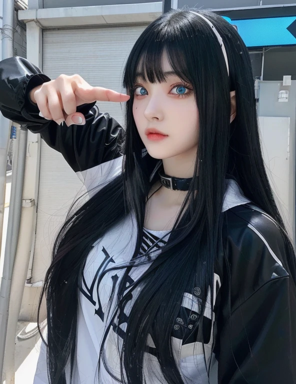 Anime girl with long black hair pointing at something and deep blue eyes., jet black haired cyberpunk girl, 1 7 year old anime gothic girl, Junji This 4K, It's Junji's style, She has black hair with bangs, Hinata Hyuga, anime girl from the future, a nervous teenage killer, Sui Ishida with black hair, Nico Robin, I will also make fanart. , jisoo from blackpink, popular south korean makeup, quality detailed ,(beautiful makeup :1.2), wide hips, Big, Big ass, (best quality, 8k, masterpiece: 1.3), clear focus: 1.2, Perfect body beauty: 1.4, strong abs, Very detailed face and skin texture. , detailed eyes, double eyelids, (long hair), Having very marked curves, with greater volume in ((hips and breasts)), which makes the waist look much smaller ((wasp waist)).(masterpiece, top quality, Best Quality, official art, depth of field, Beauty: 1.2), pinnacle rendering, Realistic representation, (1 girl)