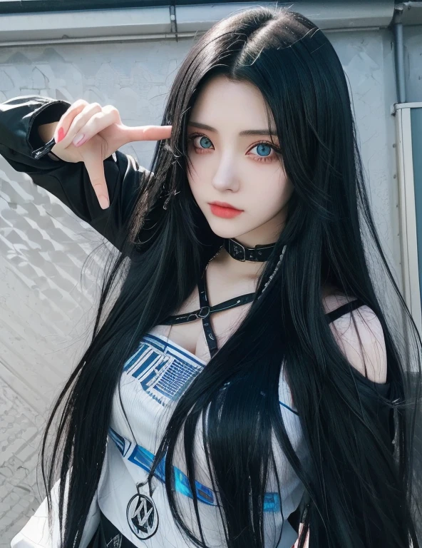 Anime girl with long black hair pointing at something and deep blue eyes., jet black haired cyberpunk girl, 1 7 year old anime gothic girl, Junji This 4K, It's Junji's style, She has black hair with bangs, Hinata Hyuga, anime girl from the future, a nervous teenage killer, Sui Ishida with black hair, Nico Robin, I will also make fanart. , jisoo from blackpink, popular south korean makeup, quality detailed ,(beautiful makeup :1.2), wide hips, Big, Big ass, (best quality, 8k, masterpiece: 1.3), clear focus: 1.2, Perfect body beauty: 1.4, strong abs, Very detailed face and skin texture. , detailed eyes, double eyelids, (long hair), Having very marked curves, with greater volume in ((hips and breasts)), which makes the waist look much smaller ((wasp waist)).(masterpiece, top quality, Best Quality, official art, depth of field, Beauty: 1.2), pinnacle rendering, Realistic representation, (1 girl)