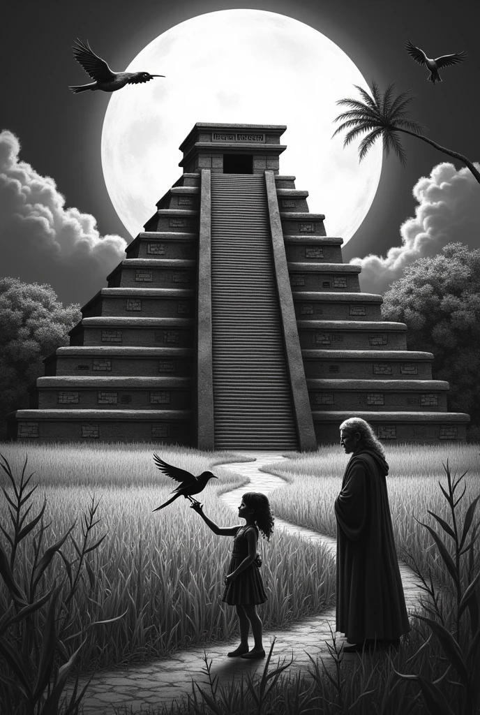 Mayapan pyramid central path and corn field Full moon Maiden playing with a nightingale and her grandfather represented as an angel Design for tattoo in black ink