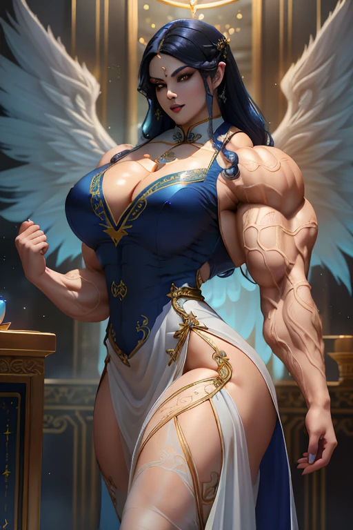 (Close view), tall, (royal blue hair), muscular woman, long curly wavy hair, pale white skinned, closed smile, (black lipstick), ((massive muscles)), (hyper muscle), ((ginormous bulky muscles)), ((glowing white eyes)), (((sparkling royal blue cheongsam dress embroidered with intricate designs))), (giant angel wings), gauntlets, choker, thigh high boots, (in the Sky)