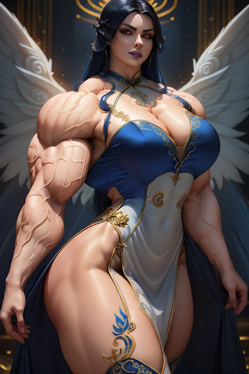 (Close view), tall, (royal blue hair), muscular woman, long curly wavy hair, pale white skinned, closed smile, (black lipstick), ((massive muscles)), (hyper muscle), ((ginormous bulky muscles)), ((glowing white eyes)), (((sparkling royal blue cheongsam dress embroidered with intricate designs))), (giant angel wings), gauntlets, choker, thigh high boots, (in the Sky)