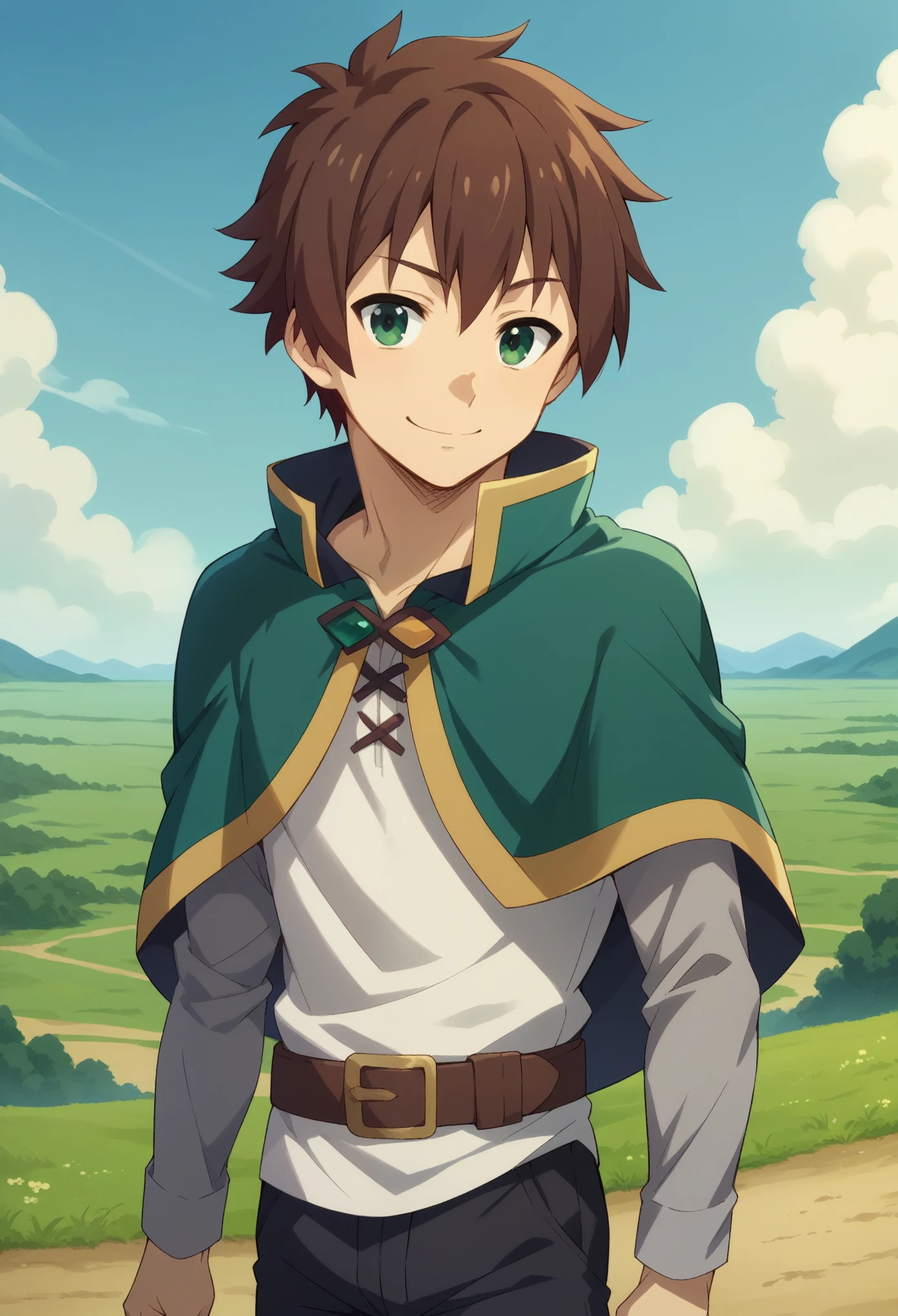 score_9, score_8_up, score_7_up, 1boy, solo,  male focus, kazuma satou, short hair, brown hair, green eyes,shirt, long sleeves, white shirt, belt, black pants, capelet, brown belt, standing, smiling, looking at you, landscape, 