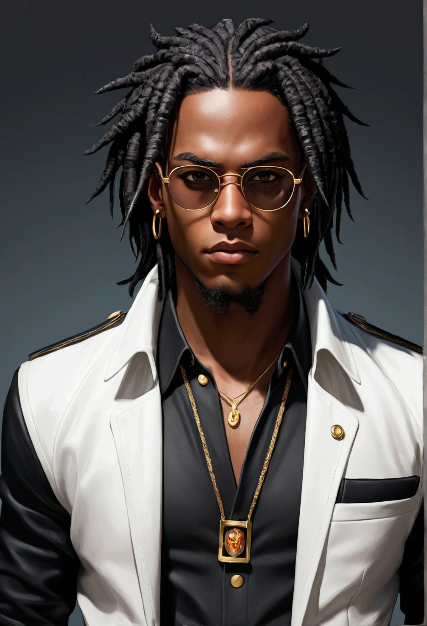 Dark-skinned young man with brown eyes and a black jacket., Black dreadlocks, Black prescription glasses, Hairstyle with dreadlocks, Black horns coming from head, in human style, colorful sketch, unrealistic character concept, Conceptual portrait of my character, подробный character portrait, anime style character, anime style portrait, character portrait, cel - shaded art style, His outfit consists of black, unbuttoned jacket with gold buttons on the front and bottom of the sleeves, he wears a white V-neck shirt., White pants, large black belt with gold buckle, smaller black belt, hanging from the side of her hip, and he&#39;s wearing beige shoes with black buckles, вдохновение King of Fighters potrait 