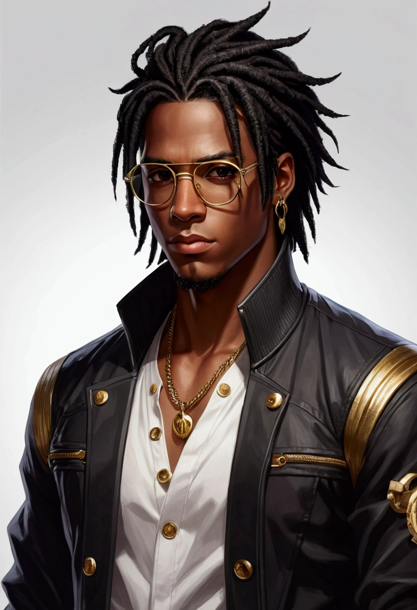 Create a high-fantasy character portrait of Kwame Osei (Anansi), a cunning member of the Brotherhood of Shadows. He has an angular, expressive face with prominent cheekbones and a defined jawline. His rich ebony skin complements his marked and character-filled features. His deep dark brown eyes are filled with intelligence and mischief, with an astute and penetrating gaze. His short, curly hair is styled neatly, sometimes adorned with small web-shaped decorations. Kwame is slender and agile, with defined muscles and a relaxed yet alert posture. He wears light, functional clothing: a black linen shirt with silver web designs and fitted leather pants, designed for agility and stealth. He is surrounded by an aura of shifting shadows and intricate webs with a dark and silvery glow.
