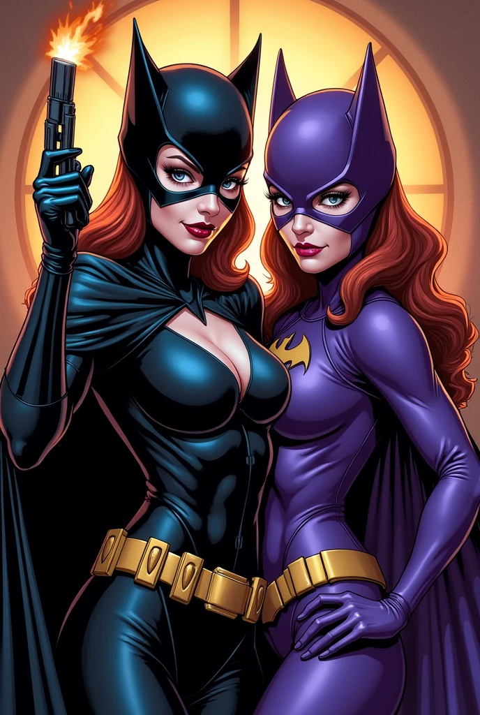 catwoman et Bat-Girl qui font un braquage dans un casino avec des sac de billet et une arme à faux