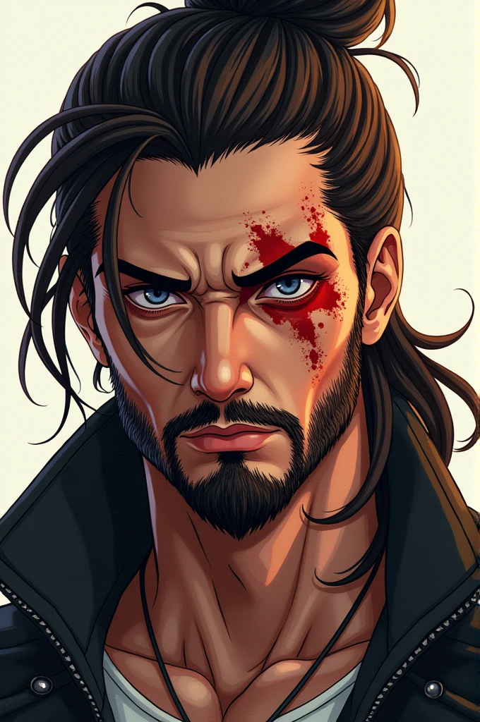 Handsome hispanic man, long brown hair in a bun, scar in eye, jetstream sam, portrait, stubble, anime.