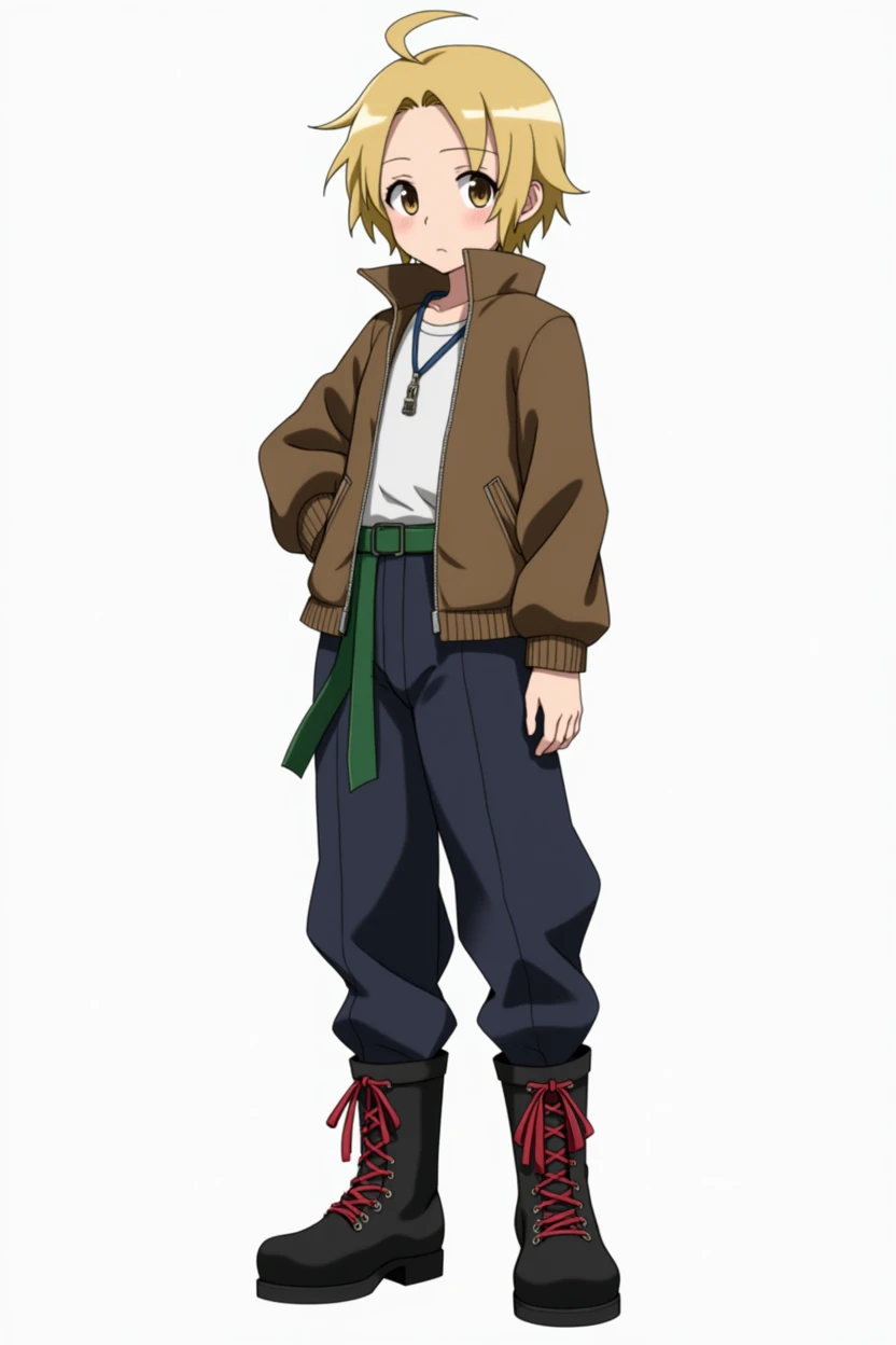 masculine, Whole body, Skinny body, short blonde hair, brown eyes, dark blue pants, black boots with red laces, green ribbon on her hip, silver necklace, brown jacket, hunter x hunter, anime, 4k, White background