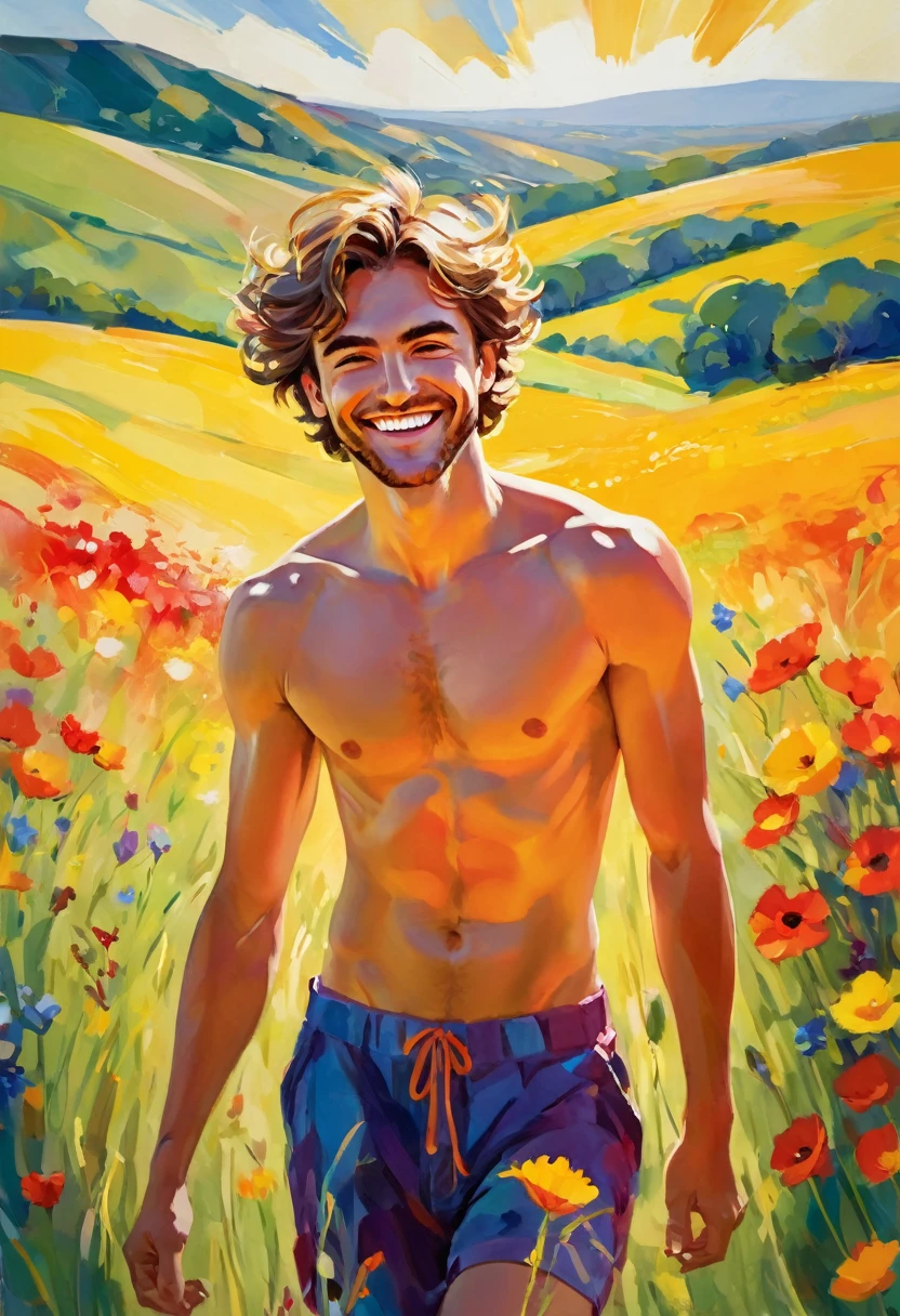 illustration that evoke stoicism men from 25 years old, shirtless, barefoot, strong, slim bodyStyle: Fauvism, with intense colors and expressive brushstrokes to capture the emotion and vitality of the moment. Color palette: Warm, vibrant tones (red, orange, yellow) to convey joy and energy. Expression: A face filled with joy and enthusiasm. Bright eyes and a wide smile. Setting: A sun-drenched field of wildflowers. A gentle breeze rustles through the grass.