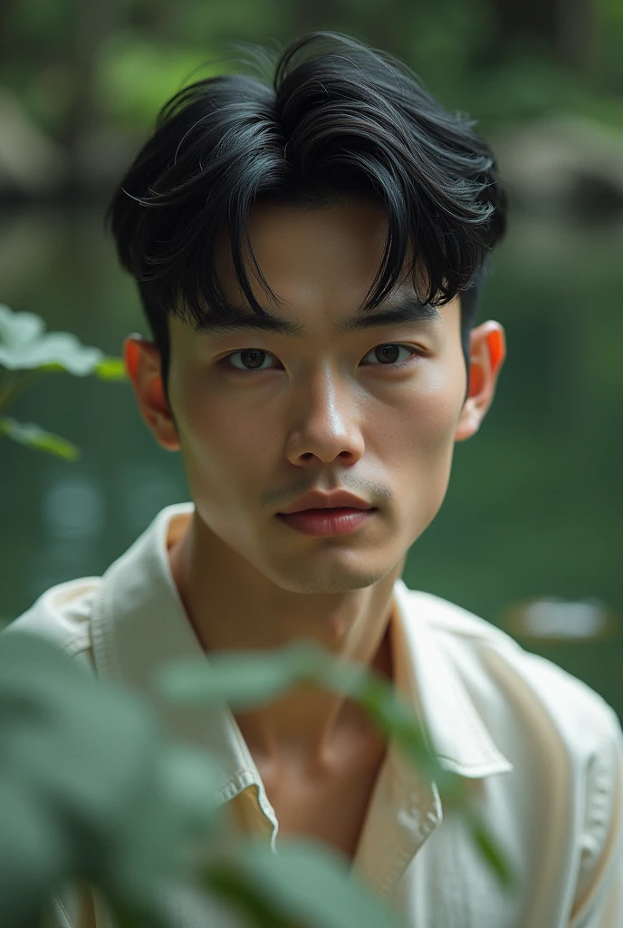good looking male Black Hair Asian Mushroom cut swimming