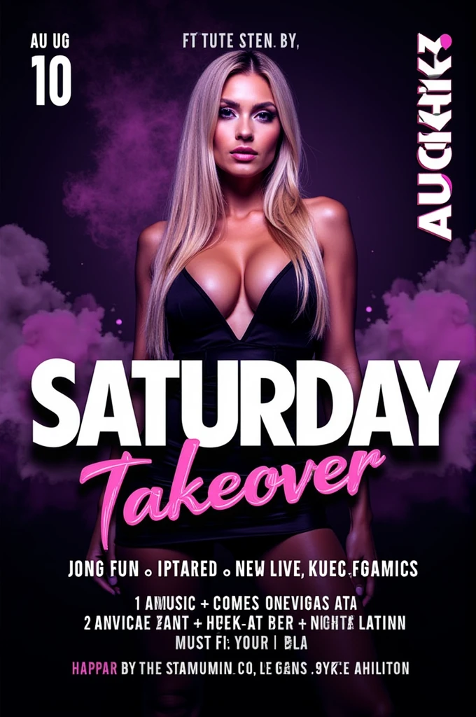 The flyer you provided is designed with a vibrant, modern aesthetic and features a dark purple and black color scheme with bright neon accents. 

### **Header:**
- **Event Title:** "SATURDAY Takeover" is prominently displayed in large, bold text at the center of the flyer, with "THURSDAY" originally but changed to "SATURDAY."
- **Date:** "AUG 10" appears on the left side, vertically aligned.

### **Main Image:**
- **Visual:** The central image is of a stylish woman with long blonde hair, wearing a dark outfit. The background behind her features abstract smoke effects, adding depth and a mysterious vibe to the flyer.

### **Event Details:**
- **DJ:** The text "Sounds by DJ Eazy" is positioned just below the main title, emphasizing the music aspect of the event.
- **Amenities:** Below this, in smaller text, are the words "Food. Drinks. Hookah," indicating what will be available at the event.

### **Footer:**
- **Location:** The address "322 10 St NW, Calgary, AB" is included at the bottom, along with a contact number for table inquiries.
- **Logo:** "Last Call Presents" is subtly placed at the top center, establishing the venue's brand.

### **Typography:**
- The text uses a combination of bold and sleek fonts, with a mix of uppercase and lowercase letters to create a dynamic look. The text is easy to read against the dark background, with neon pink and purple accents highlighting key information.

### **Design Elements:**
- **Color Scheme:** The color palette is predominantly purple, with neon pink and white accents that make the flyer visually striking.
- **Effects:** Smoke and light effects are used to add texture and depth, making the flyer feel immersive and energetic.

This flyer effectively communicates a high-energy, stylish event with a focus on nightlife and entertainment. The changes you've requested—updating the date to "AUG 10," changing "THURSDAY" to "SATURDAY," and ensuring "Last Call" and the address are prominently featured—help tailor the flyer to th