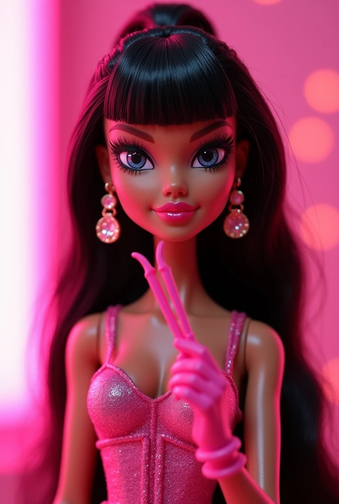 Bratz doll with long black hair, straight bangs, brunette with earrings, eyelashes , in hand eyelash tweezers with gloves pink background