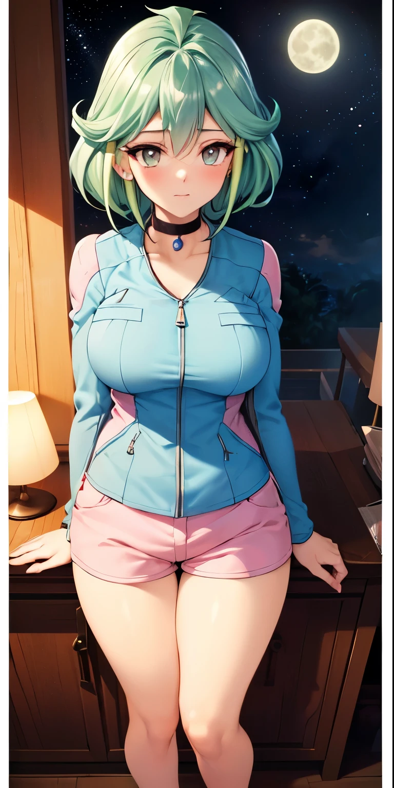 masterpiece, best quality, ultra-detailed, illustration,masterpiece, 8k,Best quality, high resolution, high resolution, rin_arc_v,  1girl,  solo,  (large breasts,  medium breasts:1.2),  (wide hips:1.2),  (blue jacket,  long sleeves:1.2),  (pink shorts,  short shorts:1.3),  black choker,  barefoot,jewelry ,beautiful detailed eyes, looking at viewer in a seductive look, close up, (breast focus), (arms behind back:1.2), tight clothes ,(from above:1.1),  medium sized breasts ,attempt to seductive,blush,(wide thighs:1.3), moonlight,sky, ((full body:1.5)),( green snickers ), multicolored hair , detailed face, detailed body,(profile view)