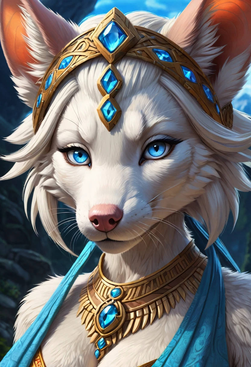 Anthropomorphic feminine kitsune-rat enchantress. disk shaped ears, crystal blue eyes. Official Art – An Award-Winning Digital Masterpiece In 4K Ultra HD, Extreme Detail And Intricate Realism. Symmetrical Face. This Concept Art Brought To Life By The Hands Of Artists Like Wlop & Artgerm In A Stunning 2D Vector Illustration. Breath of the wild. Background Is A Panoramic Vista.