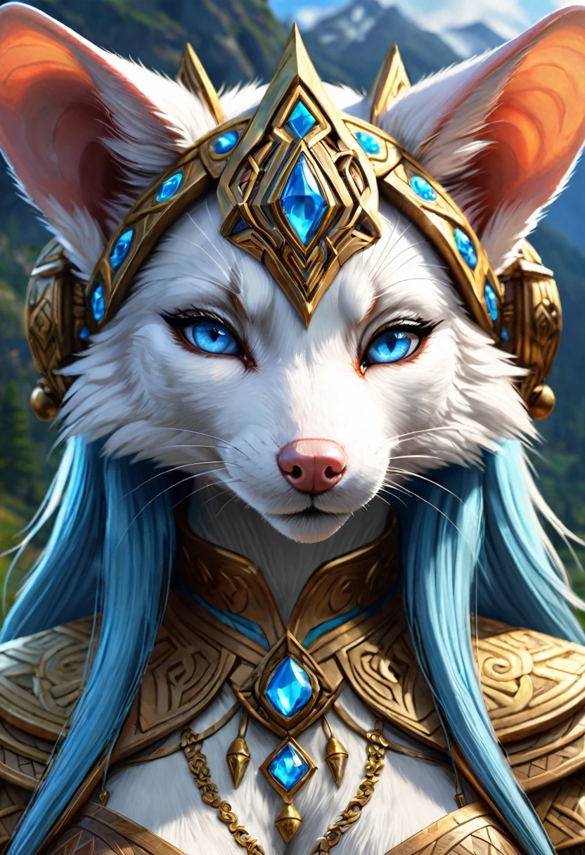 Anthropomorphic feminine kitsune-rat enchantress. disk shaped ears, crystal blue eyes. Official Art – An Award-Winning Digital Masterpiece In 4K Ultra HD, Extreme Detail And Intricate Realism. Symmetrical Face. This Concept Art Brought To Life By The Hands Of Artists Like Wlop & Artgerm In A Stunning 2D Vector Illustration. Breath of the wild. Background Is A Panoramic Vista.
