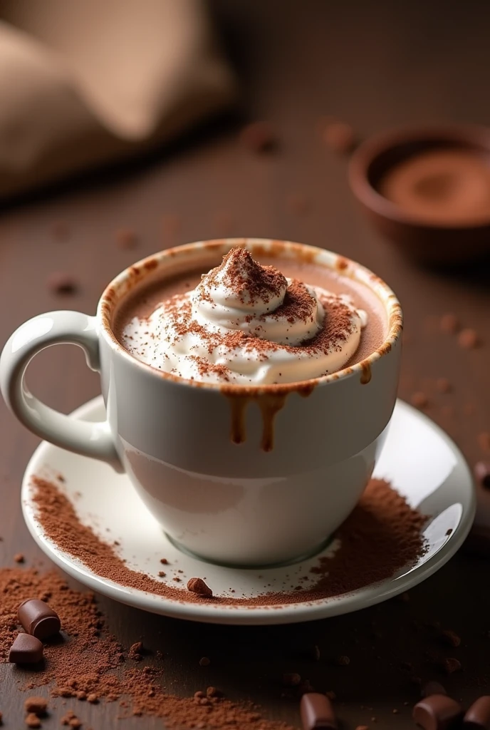 make an advertising image of a delicious hot chocolate in a cup with nutella on the edges, with spaces for me to put the physical address , a place in the upper right corner for me to put my logo 