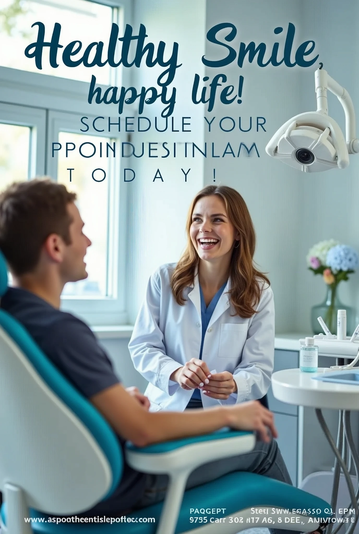 Create an eye-catching image for a dentist ad. Showcase a modern and welcoming office with state-of-the-art dental equipment. At the center, highlight a smiling and professional dentist, interacting in a friendly manner with a satisfied patient. Include visual elements that convey trust and care, like a clean and well-lit environment. Add eye-catching text that says 'Healthy Smile, happy life! Schedule your appointment today!' with contact details at the bottom. em png