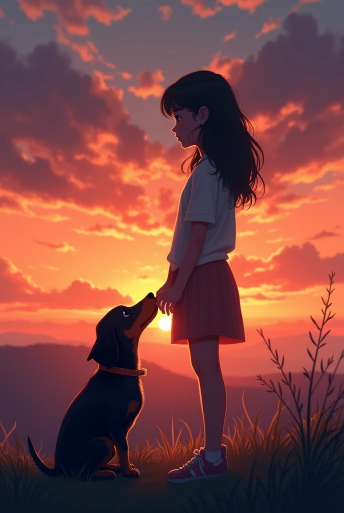 The silhouette of a teenage girl next to her dachshund watching a sunset the dog licks her because he misses her