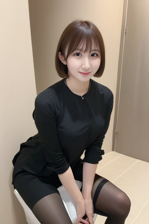 Tabletop, Highest quality, shape, Very detailed, finely, High resolution, 8k wallpaper,short hair、 完璧なダイナミックな構shape, Beautiful and beautiful eyes, suit，Natural color lip, smile、18-year-old girl，If you are wearing black tights or stockings、Two plump thighs、Shortcuts、Open chest shirt、Beautiful hands、Anatomically correct、(Holding in the toilet:1.4)