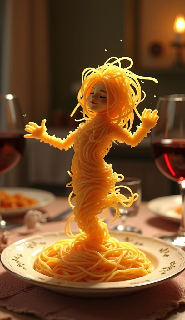 Create a whimsical and artistic scene featuring a single human-like figure made entirely of spaghetti. This figure should appear to be dancing gracefully on a plate. The background should depict a cozy kitchen setting with warm, ambient lighting, creating a romantic and intimate atmosphere. Include elements such as a glass of red wine and a beautifully set table to enhance the mood.