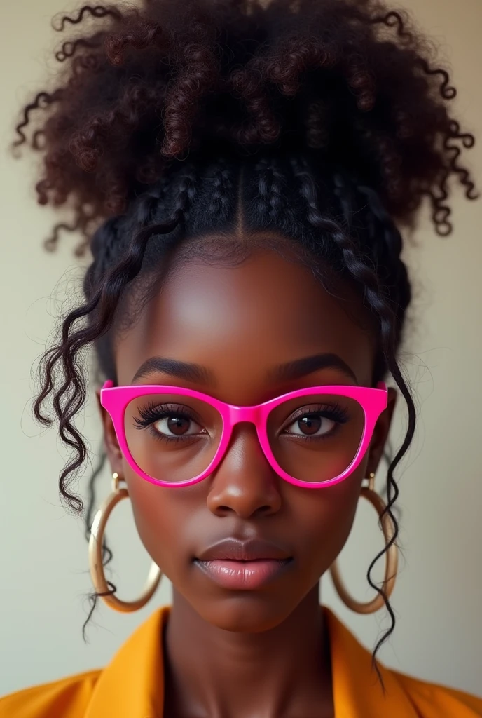 A black woman with very frizzy, curly hair tied in a bun and dark brown eyes the same color as her hair and wearing hot pink glasses.
