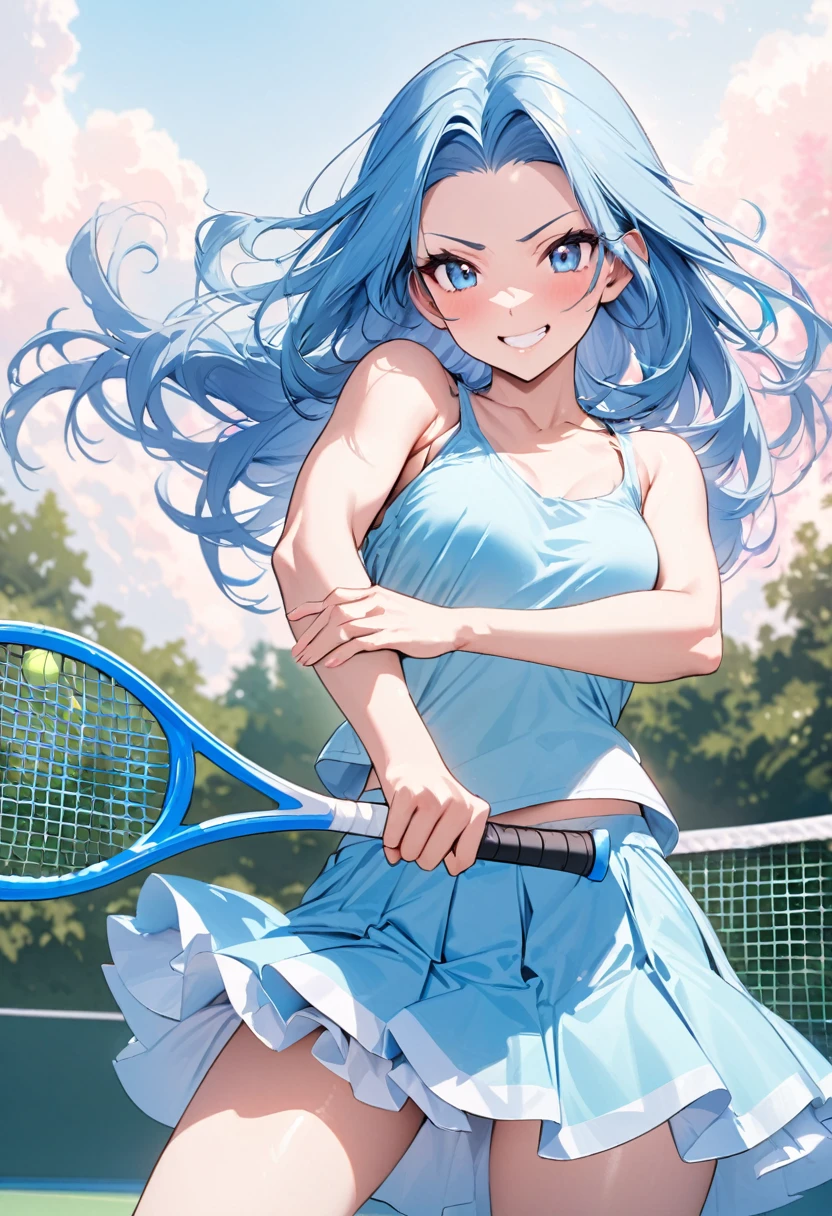 (Tennis Player style) (double exposure pastel color), (hand holding a detailed Tennis racket), (playing Smash Action pose), (solo:2, 15 yo) (beautiful forehead) (beautiful beautiful blue hair long hair) (immensely cute girl) (detailed cute blue eyes) (best grin smile, glossy lip) (small tits), in a pastel blue attractive tank top, Layered mini skirt, sexy pink white Underskirt, break, in the beautiful Tennis court, BREAK, perfect anatomy, masterpiece, best quality, 16k, beautiful detailed grow, daydreaming expression.