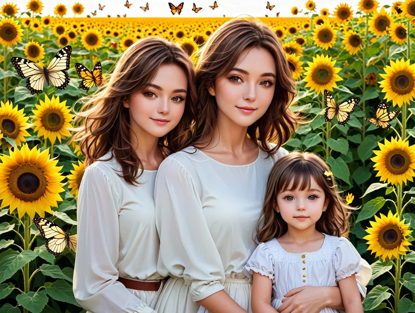 An image of a woman with brown hair and brown eyes with 1 age child and 1 adult child,all in white clothes, sunflowers and butterflies.