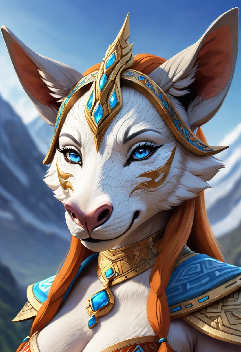 Anthropomorphic feminine kitsune-rhino enchantress. disk shaped ears, crystal blue eyes. Official Art – An Award-Winning Digital Masterpiece In 4K Ultra HD, Extreme Detail And Intricate Realism. Symmetrical Face. This Concept Art Brought To Life By The Hands Of Artists Like Wlop & Artgerm In A Stunning 2D Vector Illustration. Breath of the wild. Background Is A Panoramic Vista.
