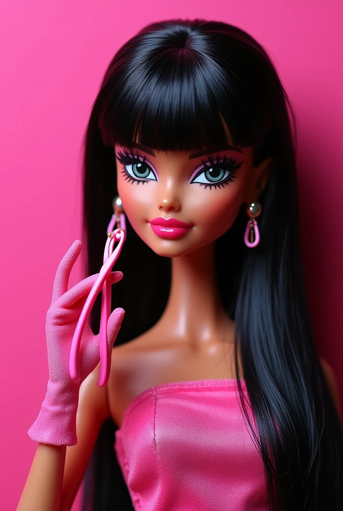 Bratz doll with long black hair, straight bangs, brunette with earrings, eyelashes , in hand eyelash tweezers with gloves pink background