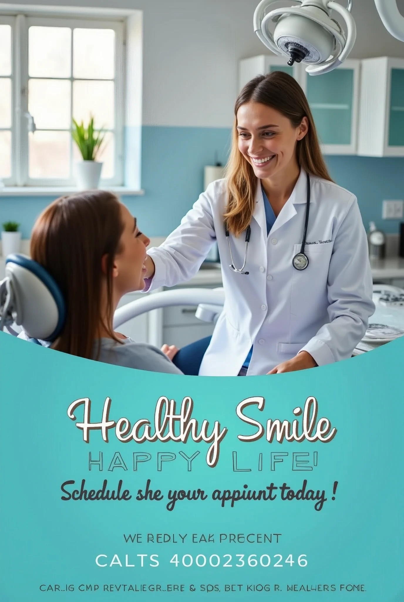 Create an eye-catching image for a dentist ad. Showcase a modern and welcoming office with state-of-the-art dental equipment. At the center, highlight a smiling and professional dentist, interacting in a friendly manner with a satisfied patient. Include visual elements that convey trust and care, like a clean and well-lit environment. Add eye-catching text that says 'Healthy Smile, happy life! Schedule your appointment today!' with contact details at the bottom. em png