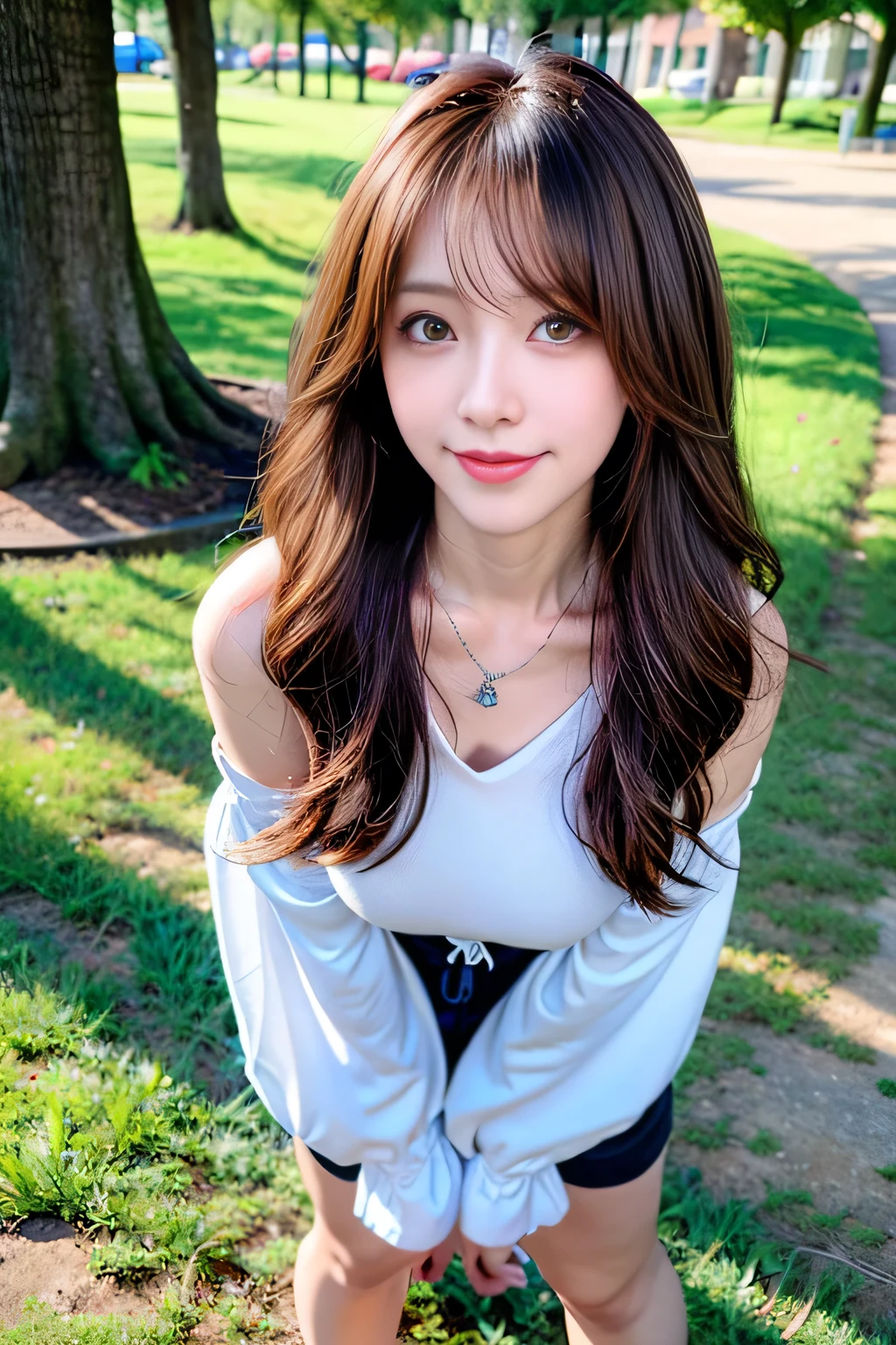 masterpiece、1 beautiful girl、A detailed eye、Puffy eyes、top-quality, 超A high resolution, (Realisticity: 1.4), cinematlic lighting、japanes、Asian Beauty、Super beauty、Beautiful skin、A slender、The body facing forward、(A hyper-realistic)、(hight resolution)、(8K)、(ighly detailed)、(beautifully detailed eyes)、(ultra-detailliert)、 (wall-)、A detailed face、Bright lighting、profetional lighting、looking at viewert、Facing straight ahead、(The costume a knitted dress)、Long hair, hair messy, asymmetrical bangs, 、nighttime scene、Brown hair、Japan idle、韓国アイドル、hposing Gravure Idol、、age21、tall, smile, sunset park scene、