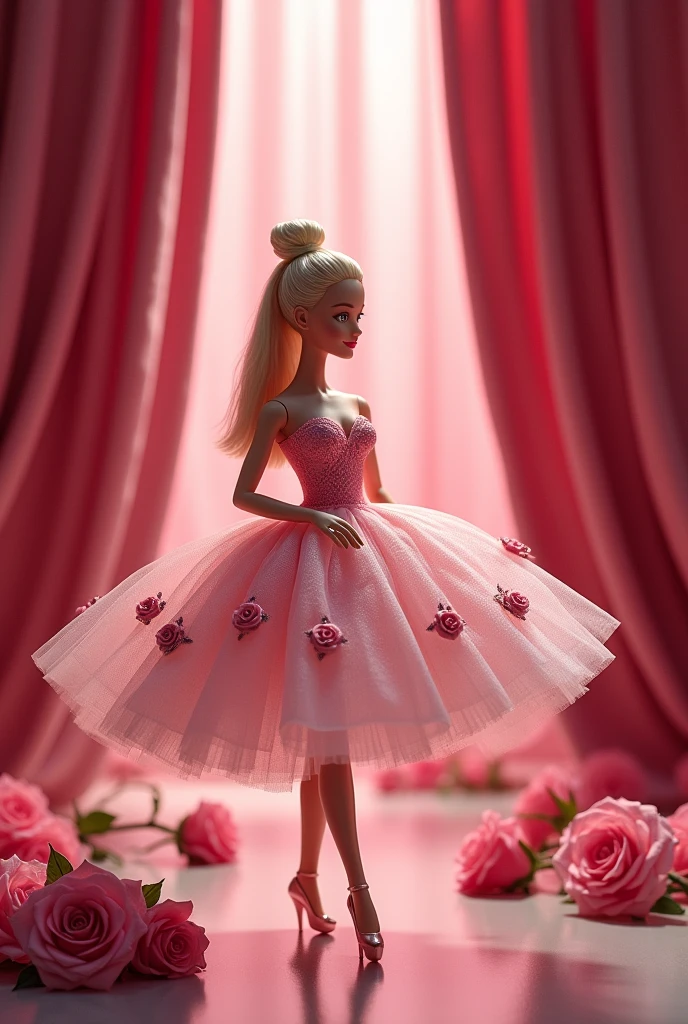 Barbie as a ballerina in a bellerina dress with roses on it. It teh background there are pink curtains and roses