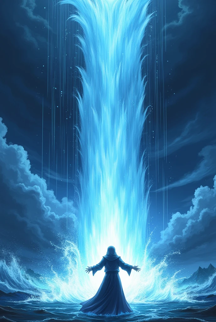 No estilo do anime black clover, do a water spell, in it the sky darkens, dense clouds begin to form, a colossal amount of water falling from the sky 