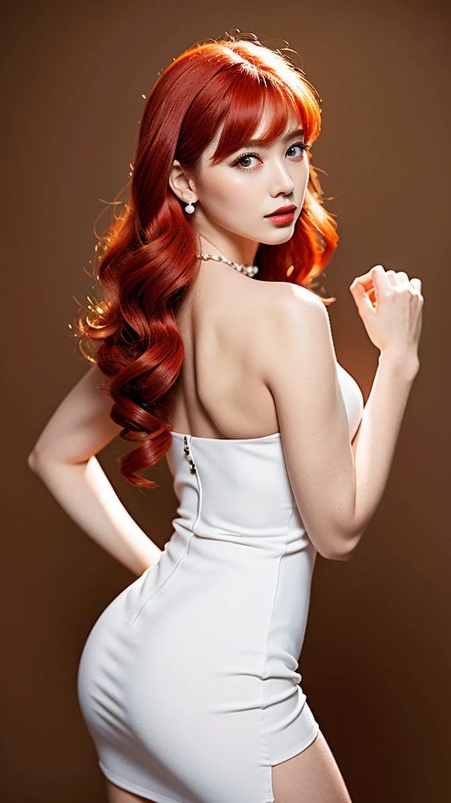 ((masterpiece, Best Quality)),(complex lighting) ,Whole body, Alone, Wilma Flintstone, Red hair, Horse tail, White dress, Pearl Necklace, lipstick,
