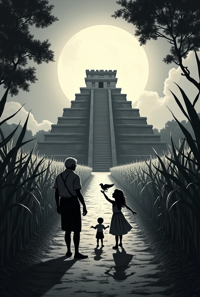 Mayapan pyramid central path and corn field Full moon Maiden playing with a nightingale and her grandfather represented as an angel Design for tattoo in black ink