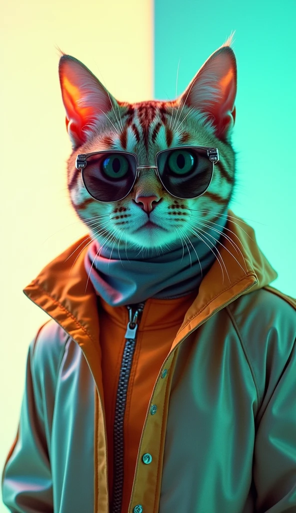 The best mobile wallpaper, Award winning wallpaper, portrait photography, In the front view there is a portrait of a cute cat with green eyes, dressed in 1960s mid-century space age clothing., side view shot, shot with canon EOS R5, Establish a marked contrast that accentuates the subject., Fluorescent white tone, Wearing a very modern coat and sunglasses is a modern 60s style.., Modern urban clothing all bright metallic colors ., beautiful background