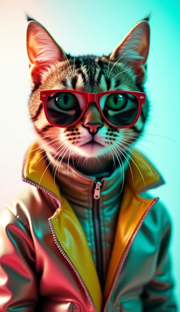 The best mobile wallpaper, Award winning wallpaper, portrait photography, In the front view there is a portrait of a cute cat with green eyes, dressed in 1960s mid-century space age clothing., side view shot, shot with canon EOS R5, Establish a marked contrast that accentuates the subject., Fluorescent white tone, Wearing a very modern coat and sunglasses is a modern 60s style.., Modern urban clothing all bright metallic colors ., beautiful background