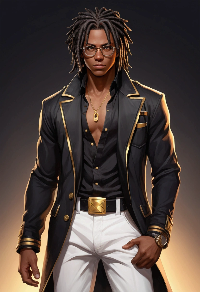 Dark-skinned young man with brown eyes and a black jacket., Black dreadlocks, Black prescription glasses, Hairstyle with dreadlocks, Black horns coming from head, in human style, colorful sketch, unrealistic character concept, Conceptual portrait of my character, подробный character portrait, anime style character, anime style portrait, character portrait, cel - shaded art style, His outfit consists of black, unbuttoned jacket with gold buttons on the front and bottom of the sleeves, he wears a white V-neck shirt., White pants, large black belt with gold buckle, smaller black belt, hanging from the side of her hip, and he's wearing beige shoes with black buckles, вдохновение King of Fighters potrait