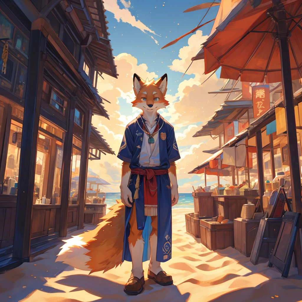 masterpiece, high quality, hi res, digital painting \(artwork\), by kuroisumi, yupa,kiyosan. soft lighting, solo, (anthro male fox), (orange body), sunshine, beach, loincloth, sea, cloud, dark, bright, sand, from side, necklace. impasto, panorama,portrait,135mm,looking at viewer,character focus. detailed background,amazing background,outdoors,scenery,light particles, kemono, (cute), ass