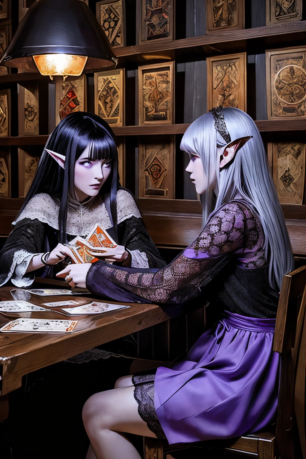 (Ultra-detailed face, looking away, Fantasy Illustration with Gothic, Ukiyo-e, Comic Art, Rich colors), 
BREAK 
(This is a world where medieval Europe meets the world of Eberron. Customers are relaxing, drinking, and eating in bars. In a corner of the bar, some customers are enjoying a card game using tarot cards.), 
BREAK 
(DarkElves: A middle-aged dark elf woman with silver color hair, blunt bangs, very long disheveled hair and dark purple color skin, lavender color eyes), 
BREAK 
(DarkElves: The dark elf sisters are wearing pale orange smock dresses with lacy geometric patterns and knee-high laced sandals.), 
BREAK 
(The dark elf sisters sit facing each other at a table in the tavern, playing "Le Papayou" with tarot cards. They both look serious, cheekbones and looking at their cards.)