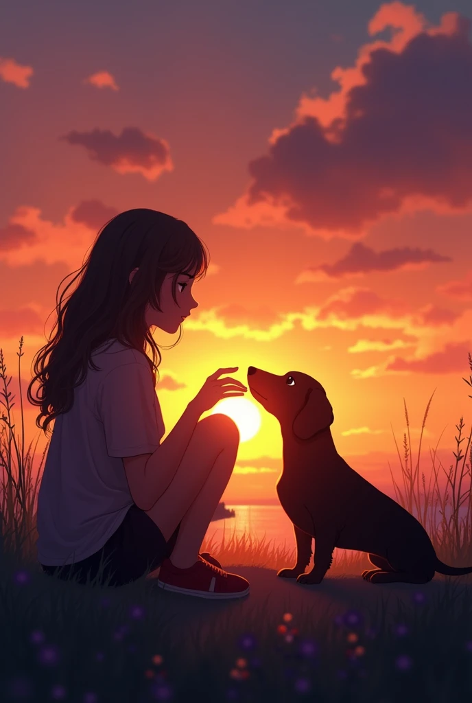 The silhouette of a teenage girl next to her dachshund watching a sunset, the dog licks her because he misses her and she lets the dog pet her 