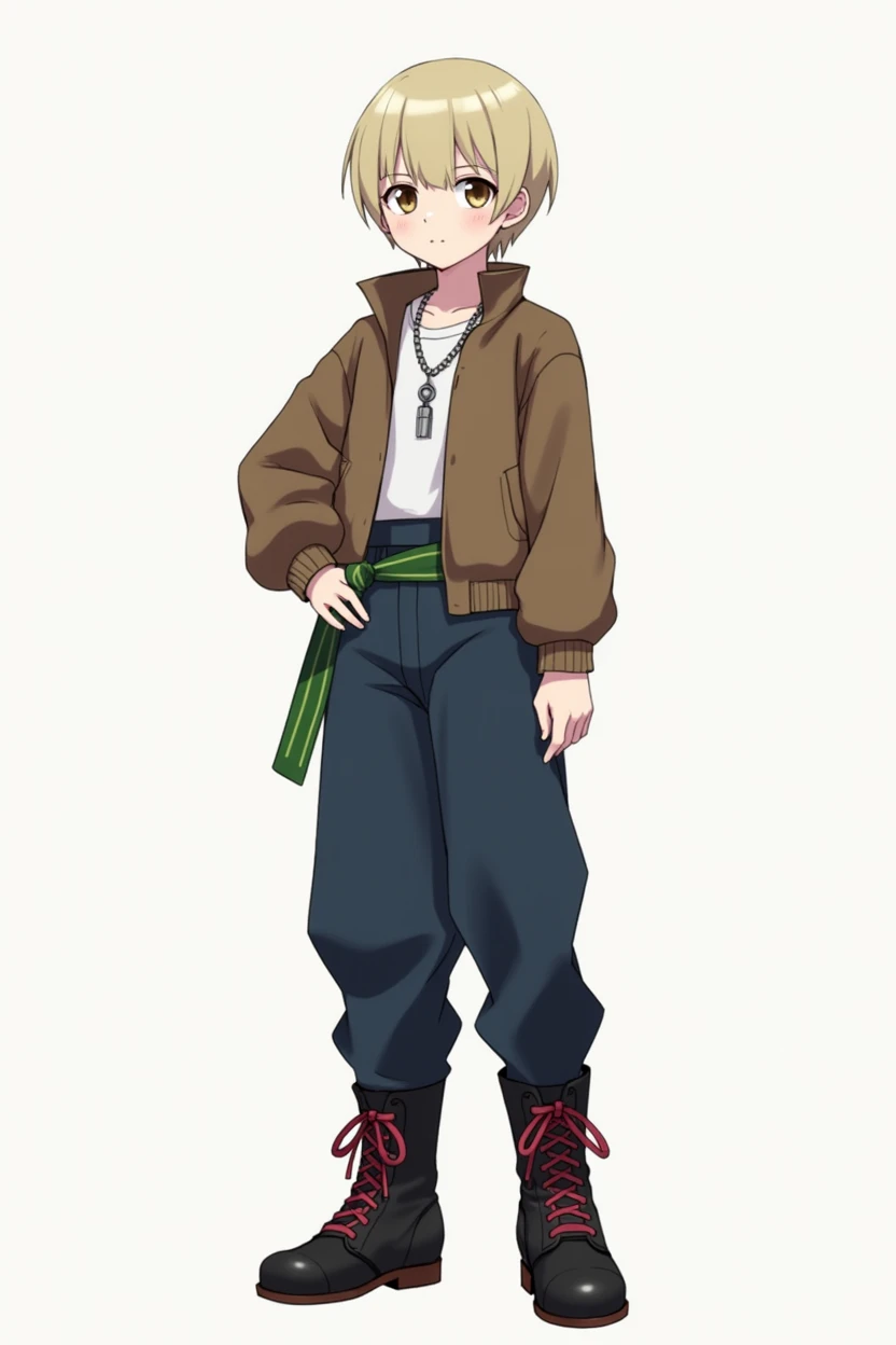 , masculine, Whole body, Skinny body, short blonde hair, brown eyes, dark blue pants, black boots with red laces, green ribbon on her hip, silver necklace, brown jacket, hunter x hunter, anime, 4k, White background