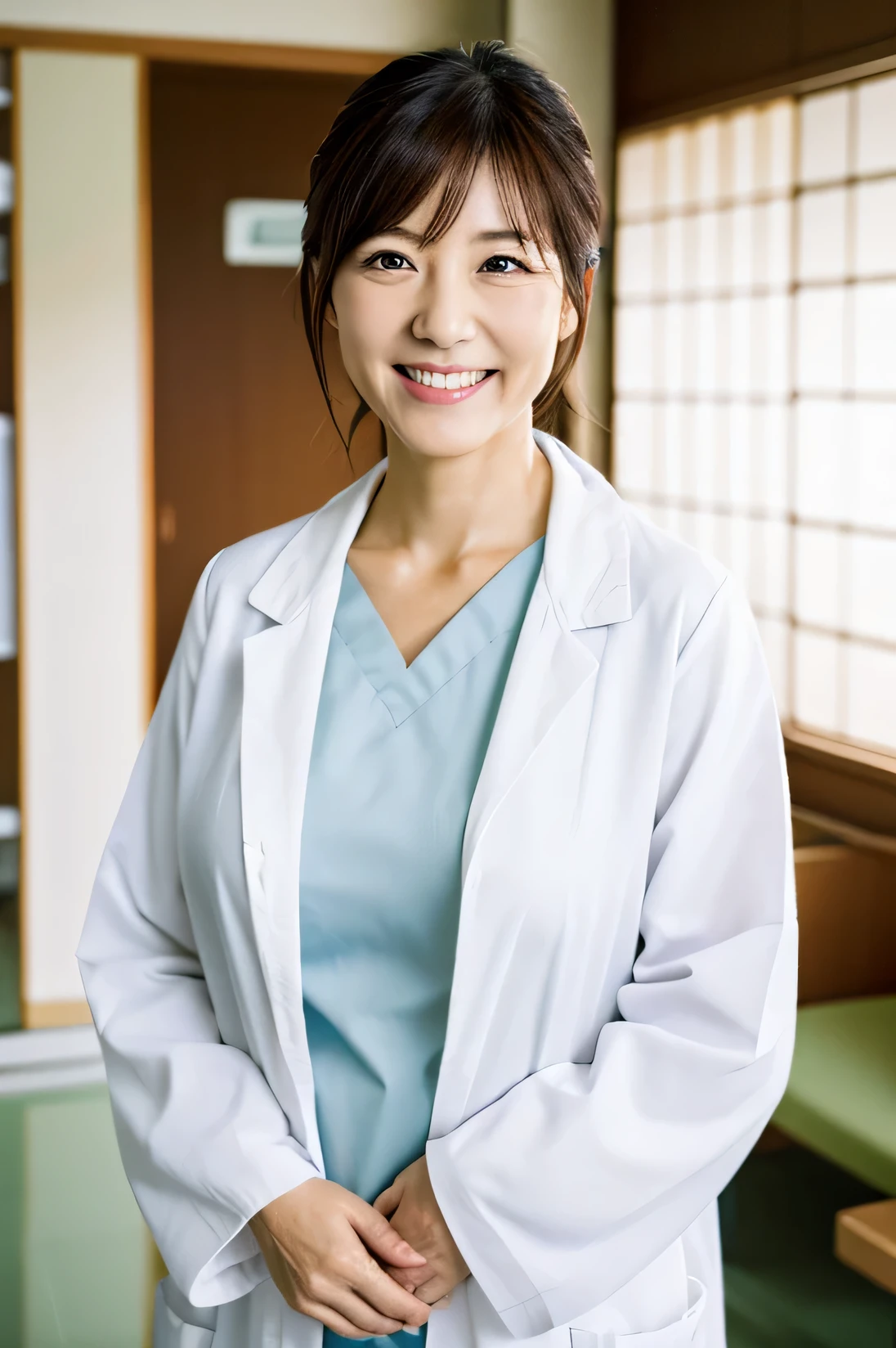 Photorealistic, high resolution, High resolution,Japan Beautiful Nurse, 44 years old, Mature Woman, Smile, White Lab Coat, whole body, hospital, ward