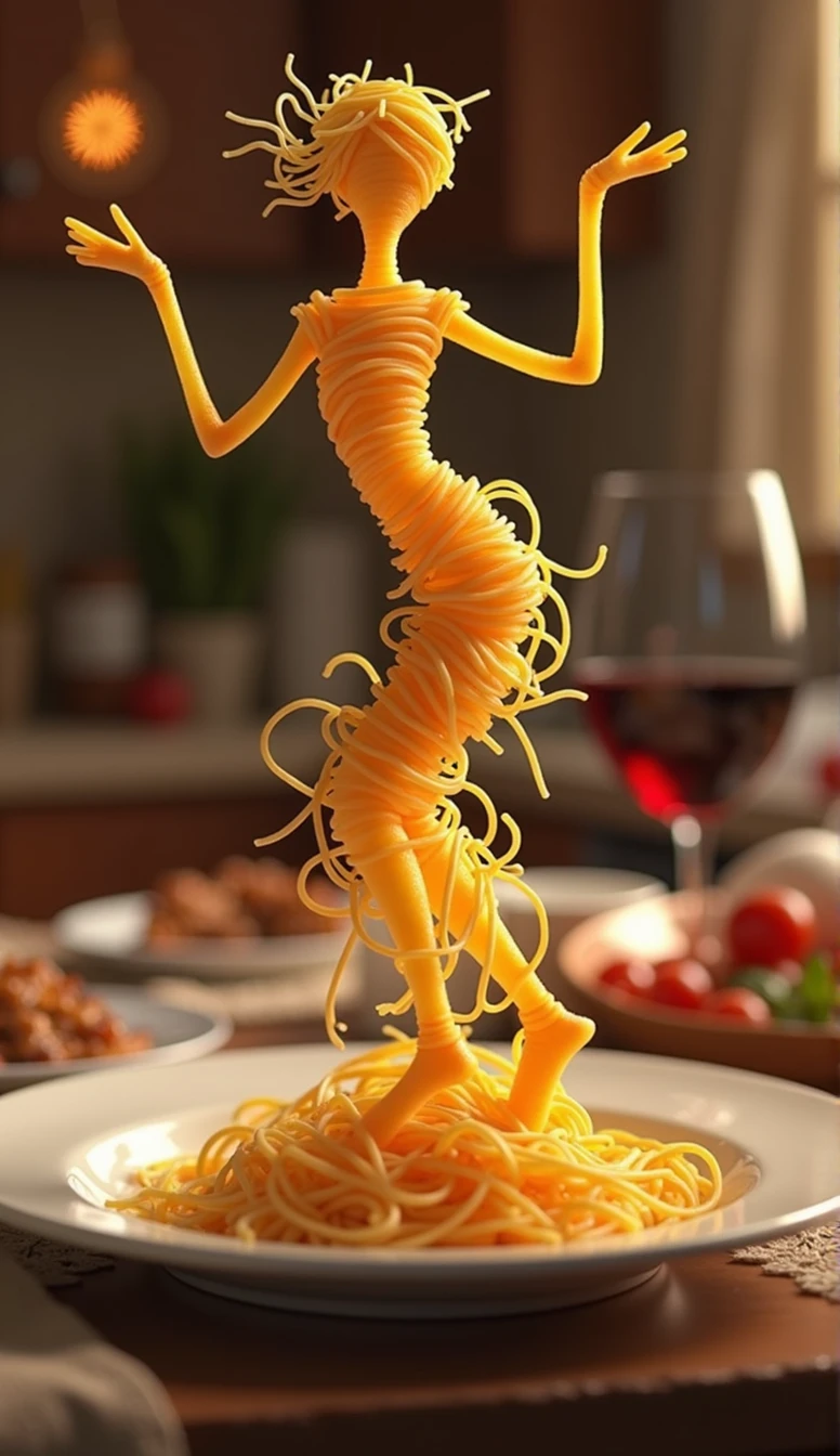 Create a whimsical and artistic scene featuring a single human-like figure made entirely of spaghetti. This figure should appear to be dancing gracefully on a plate. The background should depict a cozy kitchen setting with warm, ambient lighting, creating a romantic and intimate atmosphere. Include elements such as a glass of red wine and a beautifully set table to enhance the mood.
