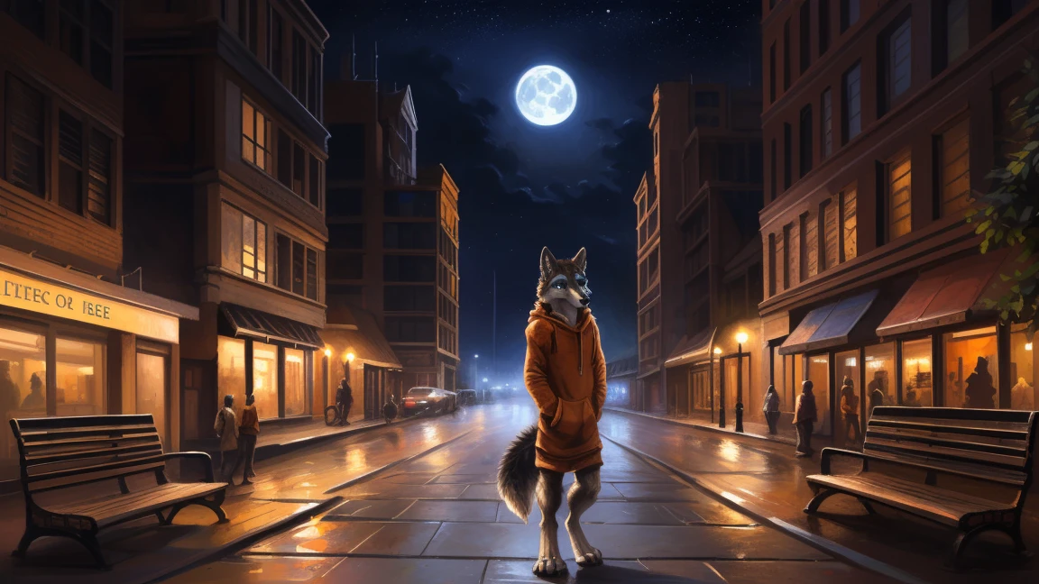 ((Solo)), male people, anthro wolf, (Multi-colored fur, White-brown:1.3), ((Wolf face, Big eyes, White eyelids, Blue pupil, Slim:1.2) (Tough, Calm expression:1.2)), (Height 2.1 meters,Tail length 1.5m), Abs, Slim, pinging, (Correct anatomy), (Contour bone:1.2), (detailed outfits), (Orange hoodies), a long large tail,Feet,(Realistic fur, Detailed fur texture, labeled:1.3)), (Natural lighting), Photorealistic, Hyperrealistic, ultradetailed, by Kenket,In the modern city, On the street, Sit on wooden bench,the night,Sit alone,Look at the full moon,It was dark,Starry