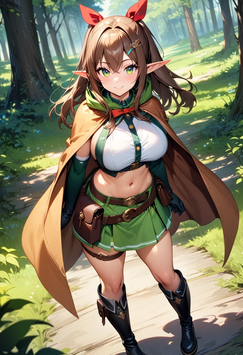 (masterpiece),(best quality),(ultra-detailed),(best illustration),(best shadow),(absurdres),(detailed background),(very aesthetic), 1girl, solo, pointy-ears, ((brown-hair)), green-eyes, gloves, boots, twintails, skirt, elbow-gloves, hair-ornament, navel, looking-at-viewer, cape, smile, elf, ribbon, hair-ribbon, knee-boots, belt, hairclip, ((green-skirt)), black-gloves, forest, midriff, thigh-strap, hair-between-eyes, standing, black-footwear, pouch, long-hair, nature, red-ribbon, ((big boobs) 1:1)
