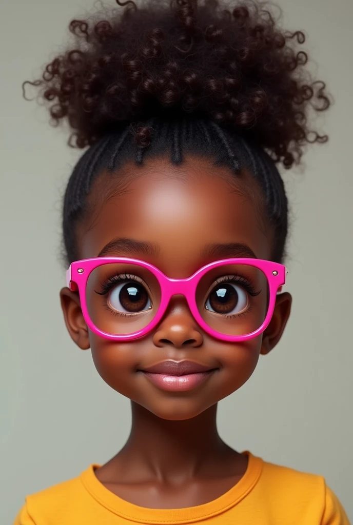 A black woman with very curly hair tied in a bun and dark brown eyes the same color as her hair and wearing hot pink glasses looking to be approximately .