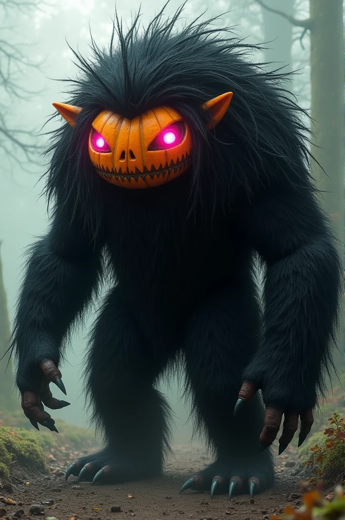 He created a monster girl who would have a large pumpkin-shaped head with black hair that covered her body and so much hair on her head that you couldn't see her face, except for her bright pink eyes and her pointed ears. This hairy beast, 2 meters tall, has only 3 fingers on each hand that has claws and also has a very sexy female figure.