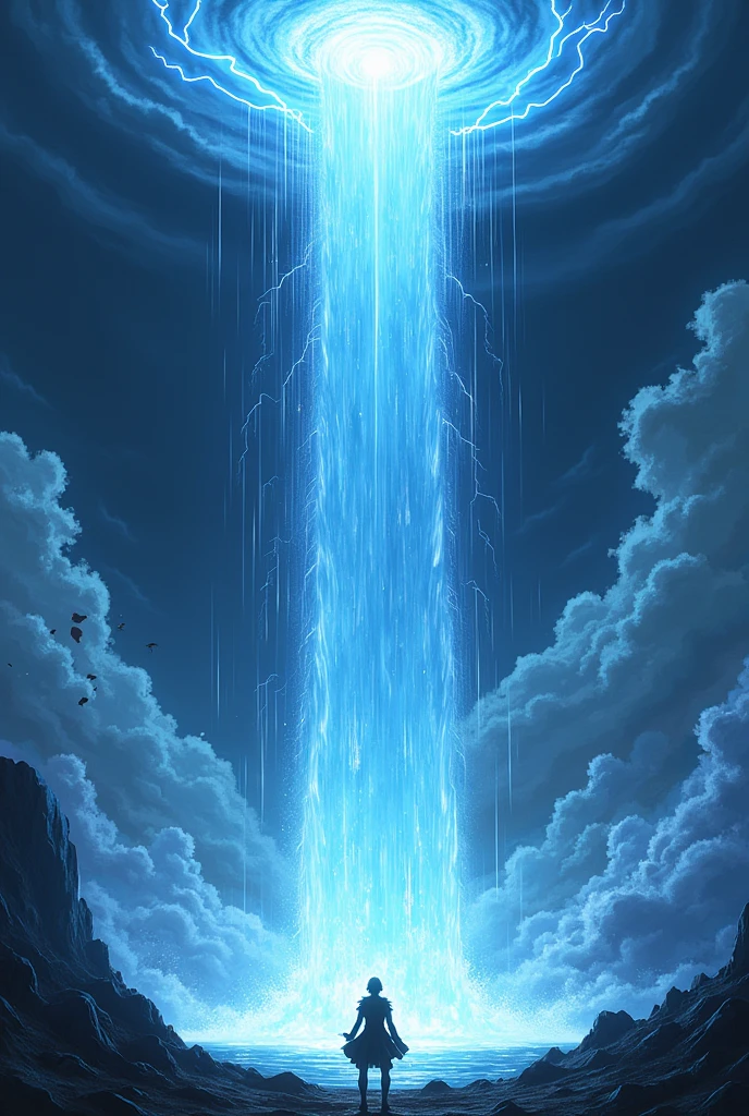 No estilo do anime black clover, do a water spell, in it the sky darkens, dense clouds begin to form, a colossal and gigantic amount of water falling from the sky 
