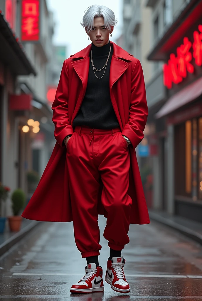 18 year old boy, 1,86 meters high, styled "Tokyo Revengers", Caucasian skin, Eyes red, white  hair, Korean appearance, red overcoat, red pants, Jordan sneakers